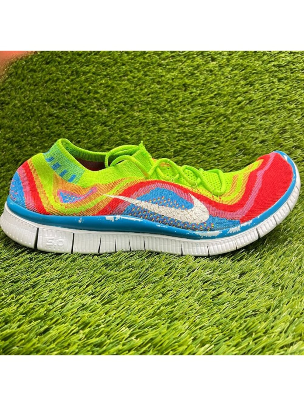 Nike Free Flyknit+ Mens Size 11.5 Green Red Blue Athletic Running Shoes Sneakers